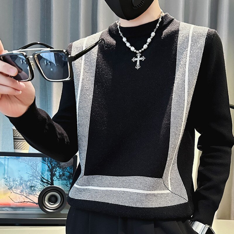Contrast Geometry Striped Print Knitted Sweater Men Pull Homme O-Neck Pullover Korean Sweater ColorFall Winter Sweater Brand